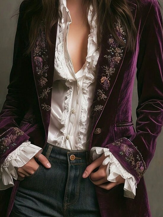Jackets & Blazers - Purple Casual Women's Velvet Tailcoat Open Front Embroidery Trim Blazer